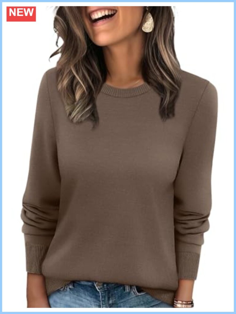 Lightweight Ribbed Knit Crewneck Long Sleeve Pullover Sweater Women